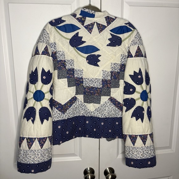 Handmade Quilt Coat Upcycled Patchwork Open Front Blue Shacket Jacket Floral - Picture 4 of 7